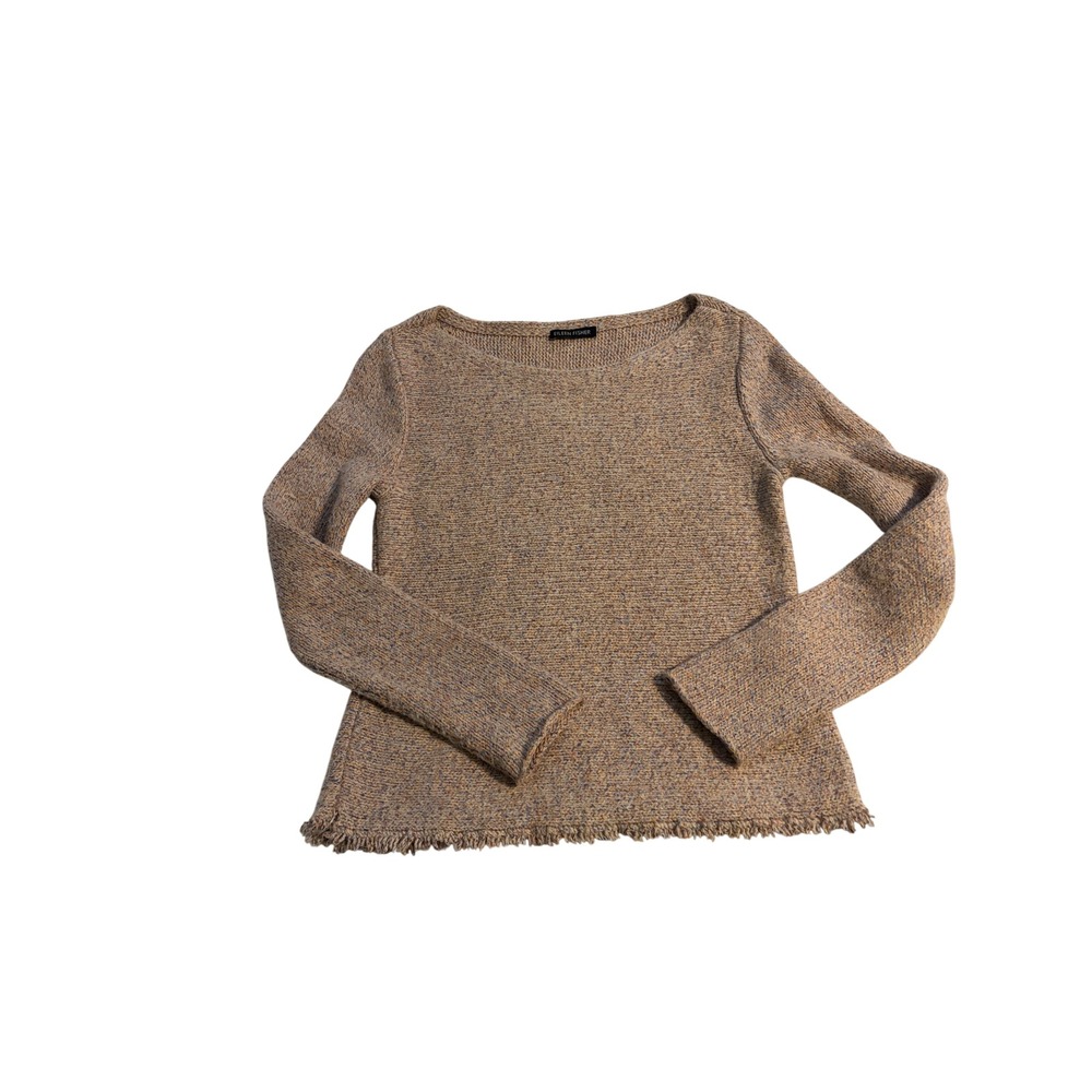 Eileen Fisher Sweater Marled Knit Multicolor Fringed Hem Boat Neck Boho M
